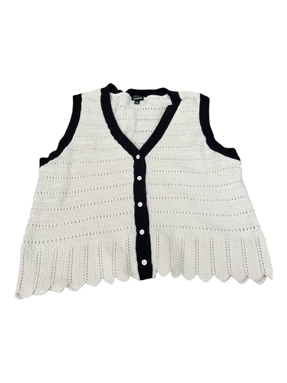 Plus Size Sleeveless V-Neck Crochet Cardigan Vest in White with Black Trim